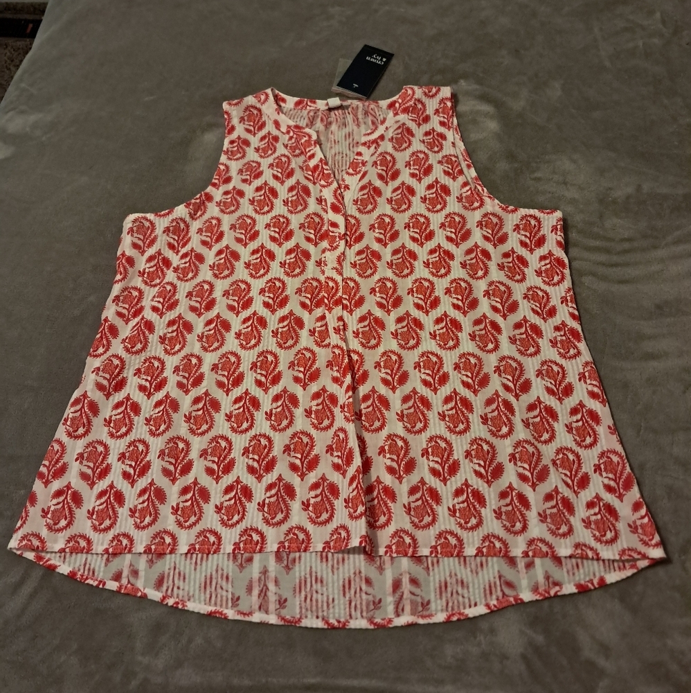 Crown & Ivy Womens Sleeveless Coral Scroll Icon Peasent Hi Low Top Size XL.